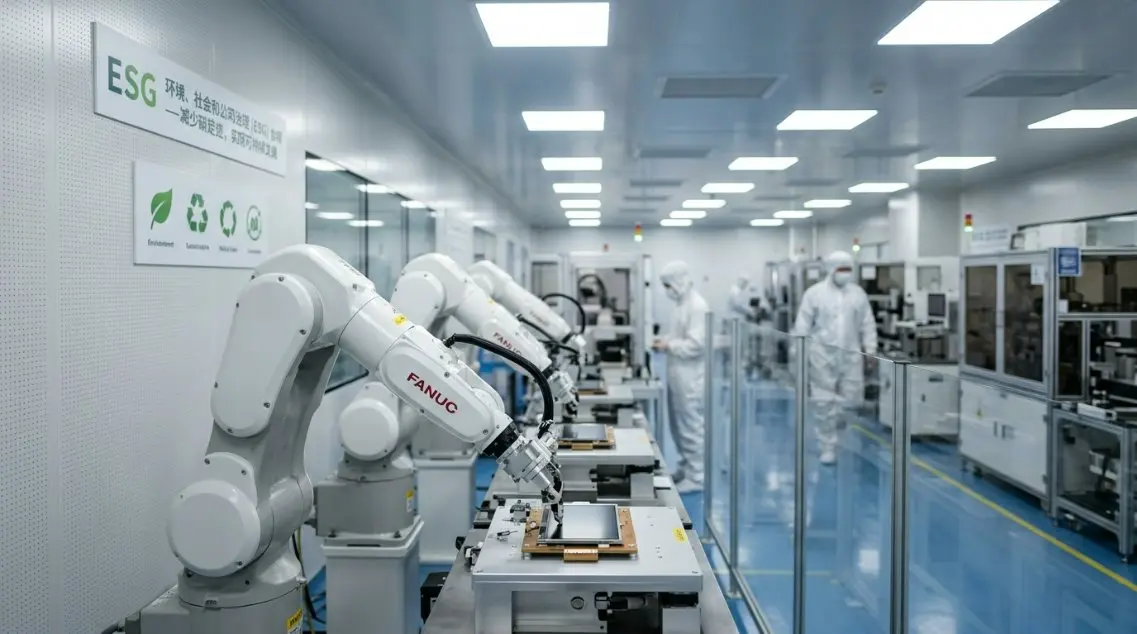 A modern, high-tech cleanroom facility in China showing automated robotic arms assembling small liquid crystal displays with bright lighting and ESG compliance signage.